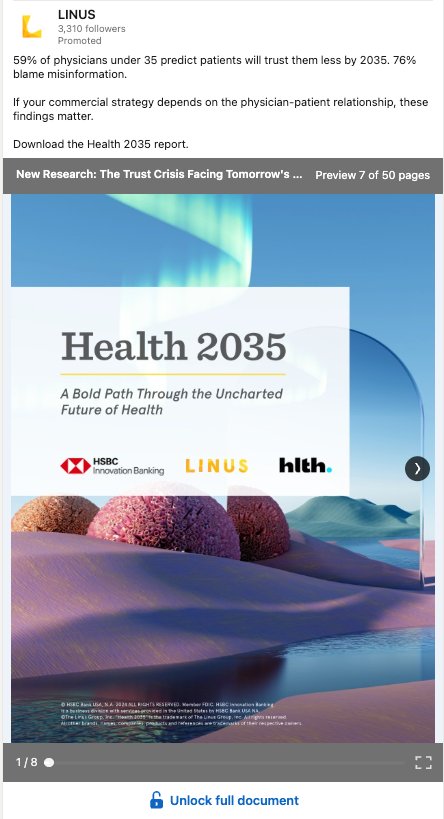 LinkedIn ad: Trust Crisis — 59% of physicians predict patients will trust them less by 2035